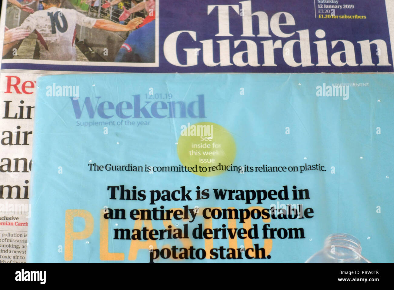 London, UK. 12th Jan, 2019. The Guardian newspaper in UK replaces non- recyclable single use plastic wrapping for Saturday supplements with a compostable wrapping. The newspaper is committed to reducing its reliance on plastic which has a negative impact on the environment. Please Credit: Jeffrey Blackler/Alamy Live News Stock Photo