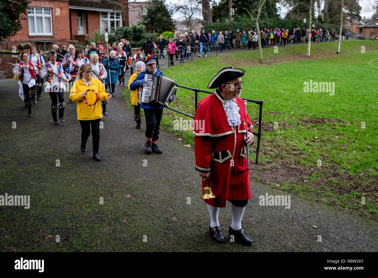 Leominster, UK. 12th Jan, 2019. Members of the Jenny Pipes Morris dance