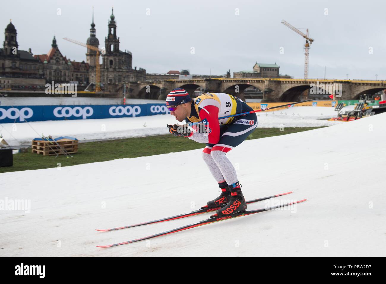 Dresden, Germany. 12th Jan, 2019. Cross-Country World Cup, Sprint Freestyle, Men: Paal Golberg from Norway runs in the qualification on the track. Credit: Sebastian Kahnert/dpa-Zentralbild/dpa/Alamy Live News Stock Photo