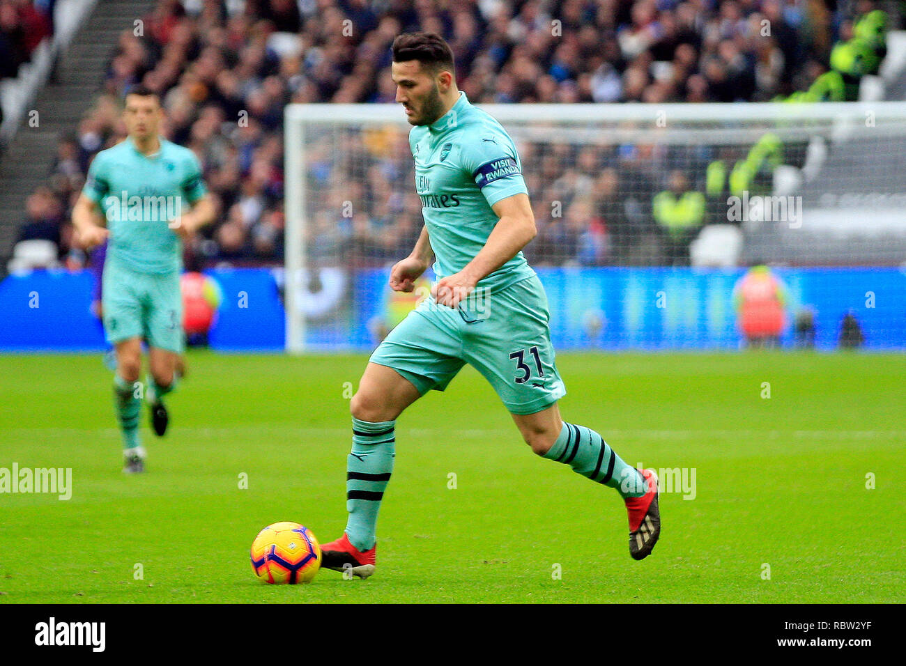 London, UK. 12th January, 2019. Sead Kolasinac of Arsenal in action. Premier League match, West Ham United v Arsenal at the London Stadium, Queen Elizabeth Olympic Park in London on Saturday 12th January 2019.  this image may only be used for Editorial purposes. Editorial use only, license required for commercial use. No use in betting, games or a single club/league/player publications . pic by Steffan Bowen/Andrew Orchard sports photography/Alamy Live news Stock Photo