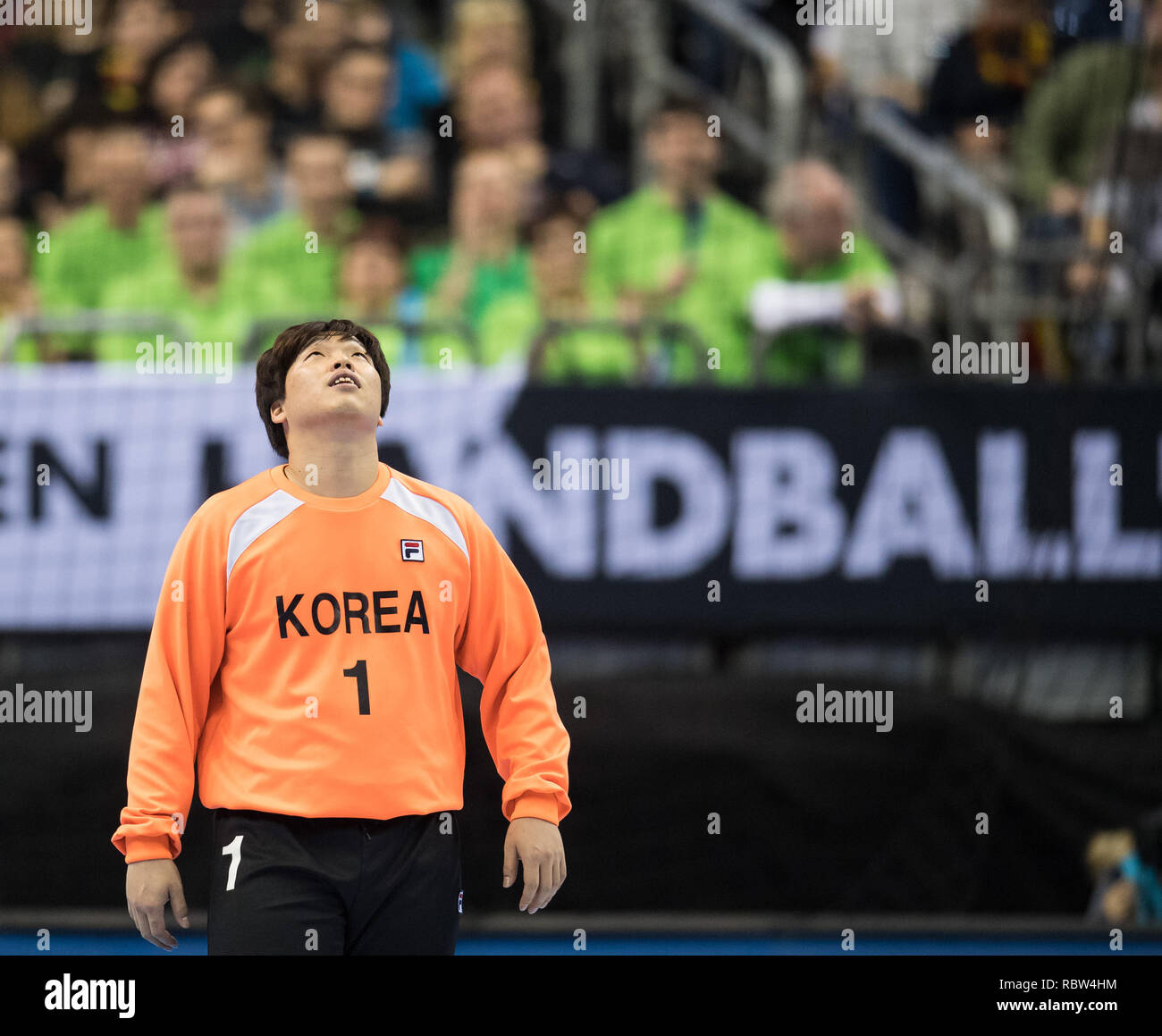 Berlin, Germany. 12th Jan, 2019. Handball: WM, Russia - Korea, preliminary round, group A, 2nd matchday. Korea goalkeeper Park Jaeyong looks up after his goal into the empty Russian goal. Credit: Soeren Stache/dpa/Alamy Live News Stock Photo