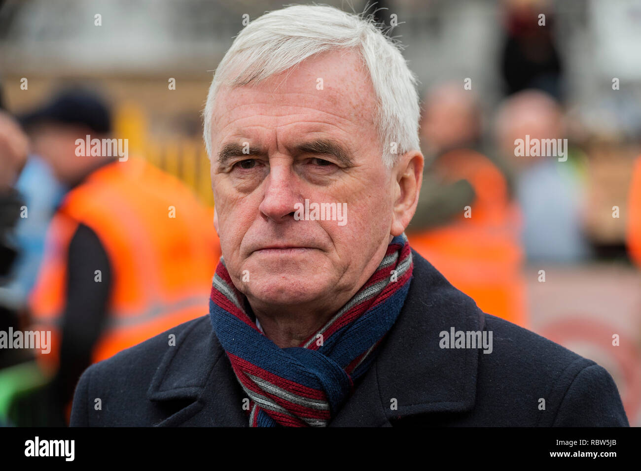 London, UK. 12th January, 2019. John McDonnell MP, Labour , the Shadow Chancellor of the Exchequer speaks to the TV afterwards - Britain is Broken - General Election Now! Started outside the BBC Portland Place. A UK version of the Yellow Vest protests organised  by The People's Assembly Against Austerity. Campaigning against all cuts, not less or slower cuts. No privatisation. No racist scapegoating. No evictions. Credit: Guy Bell/Alamy Live News Stock Photo