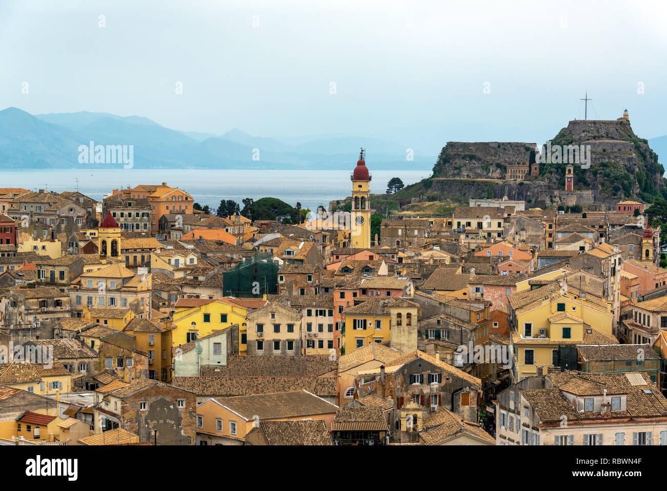 Cityscape of Corfu, Greece with the Old Fortress in the background Stock Photo