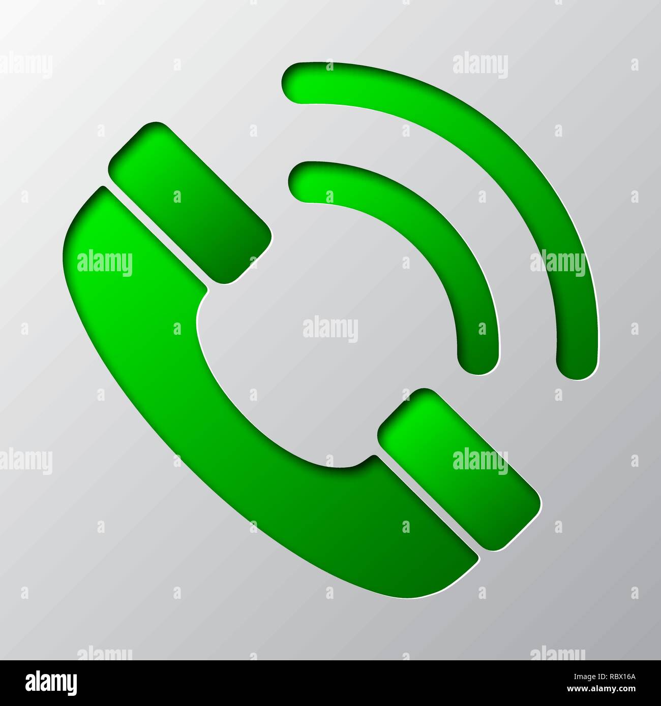 Paper art of green phone icon, isolated. Vector illustration. Phone handset icon is cut from paper. Stock Vector