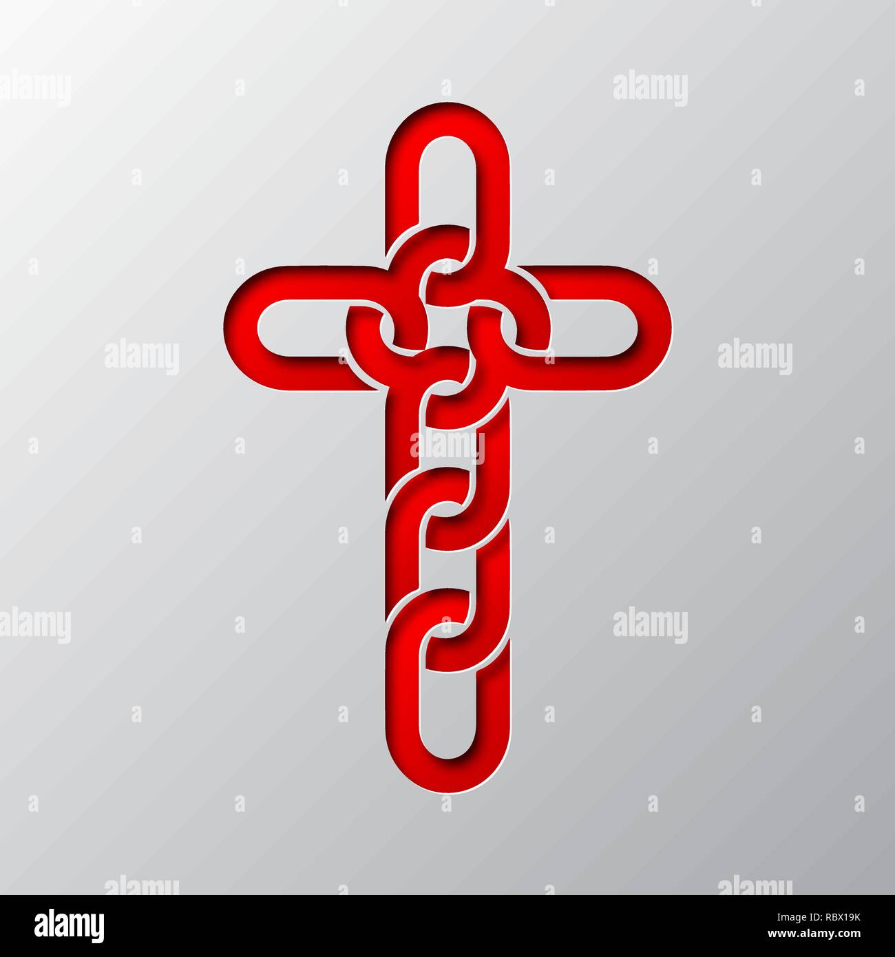 Paper art of the red Christian cross isolated. Vector illustration. Christian cross icon is cut from paper. Stock Vector