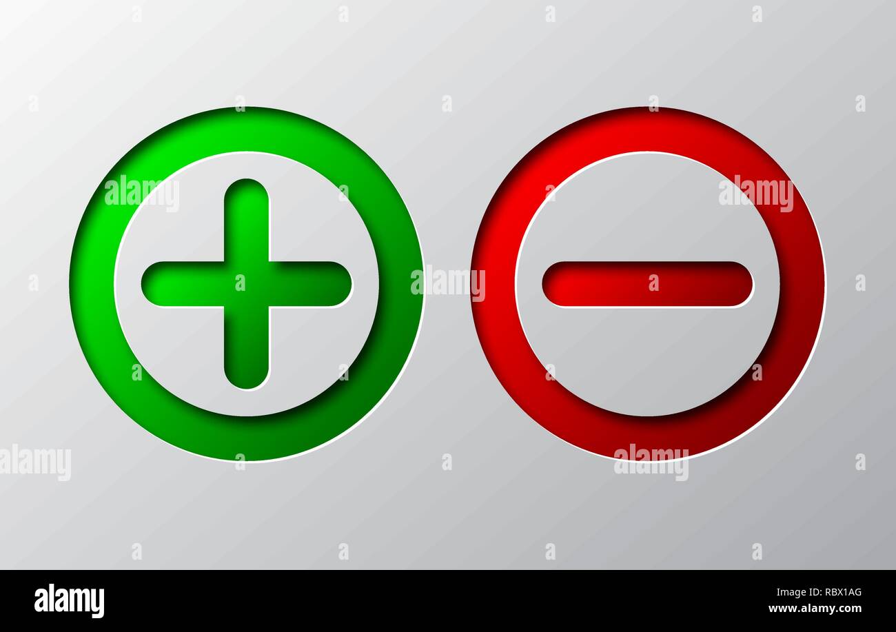 Paper art of red minus and green plus, isolated. Vector illustration. Plus and minus icons is