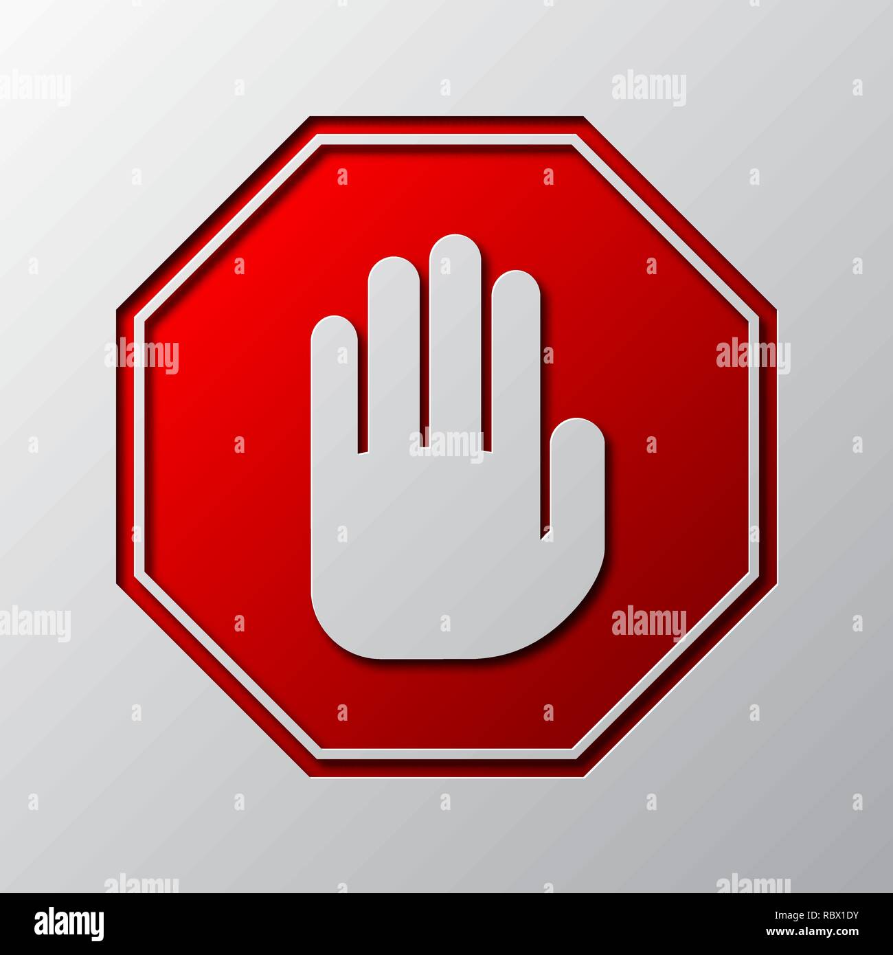 Paper art of the red STOP hand sign isolated. Vector illustration. STOP sign is cut from paper. Stock Vector