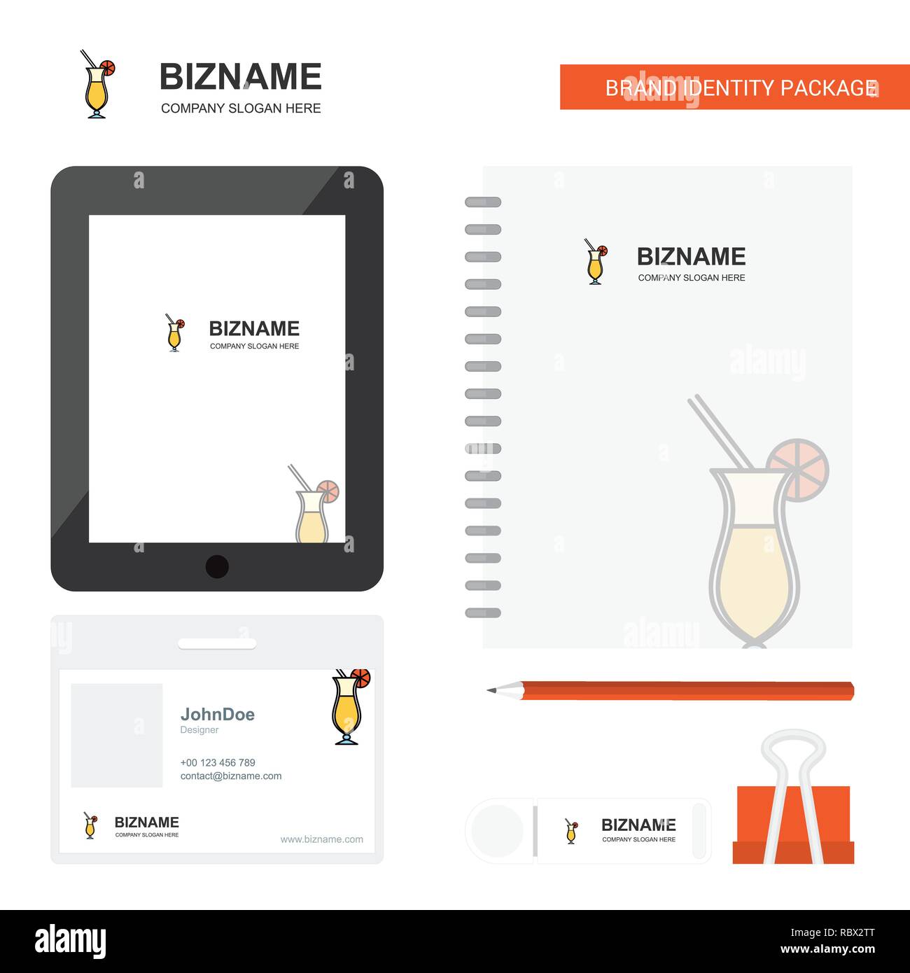 Juice glass  Business Logo, Tab App, Diary PVC Employee Card and USB Brand Stationary Package Design Vector Template Stock Vector