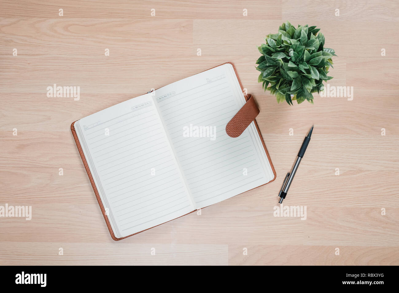 Office desk with leather note book , pen and tree .Top view with copy ...
