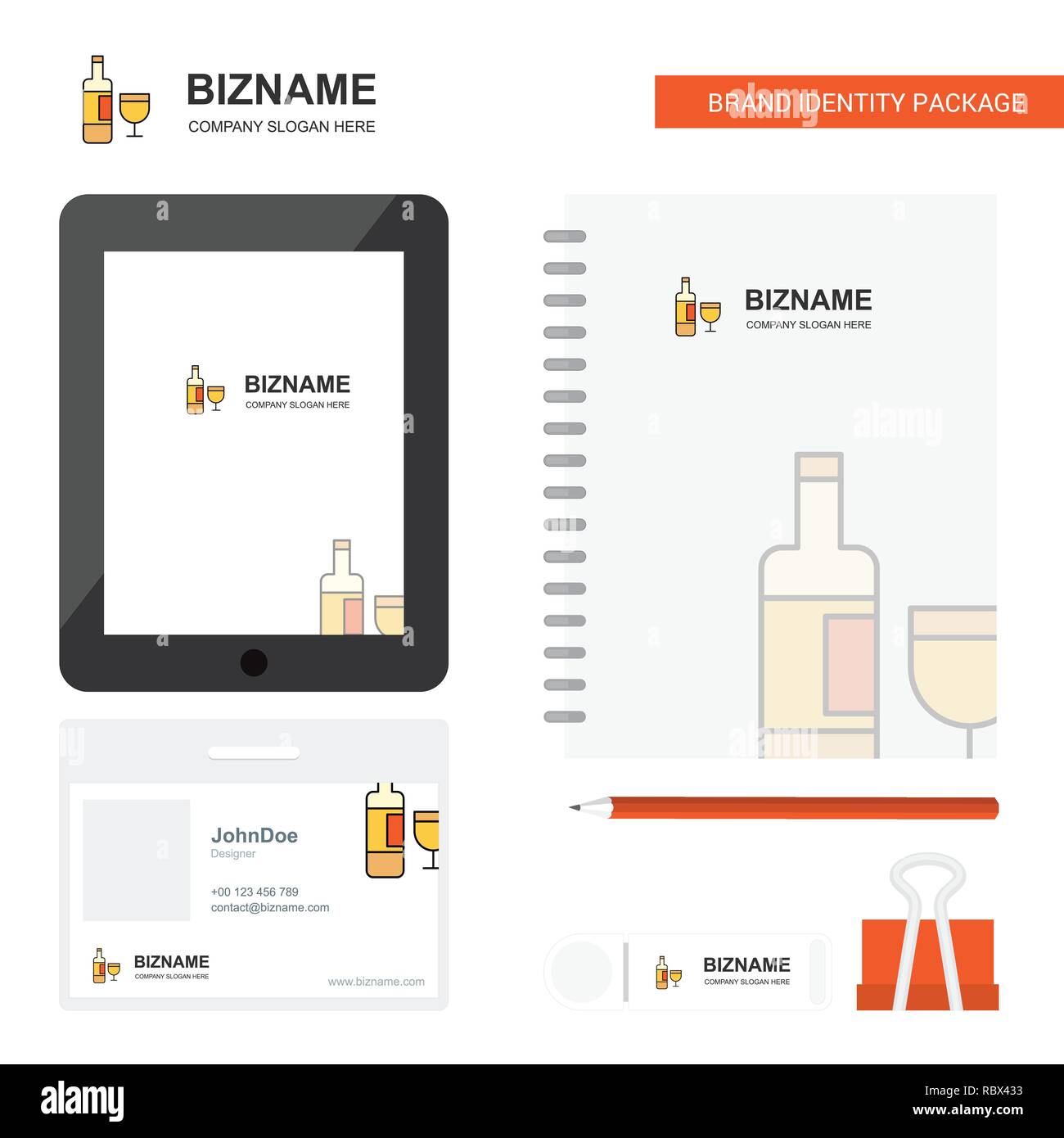 Drinks  Business Logo, Tab App, Diary PVC Employee Card and USB Brand Stationary Package Design Vector Template Stock Vector