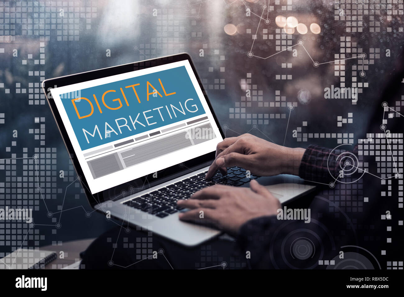 Digital marketing concepts ideas with male hand using laptop and chart ...