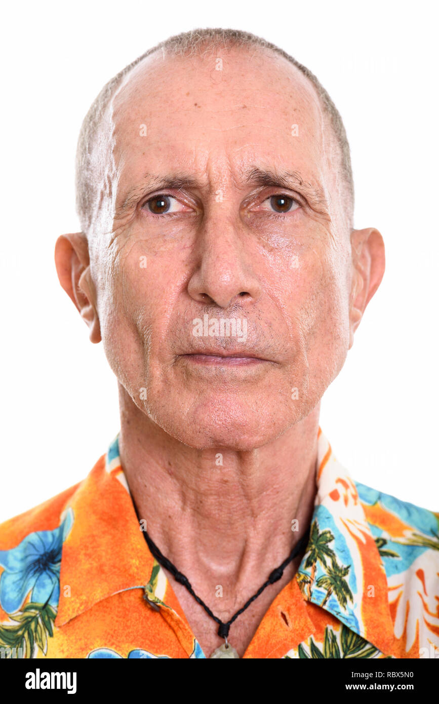 Face of senior man wearing Hawaiian shirt Stock Photo