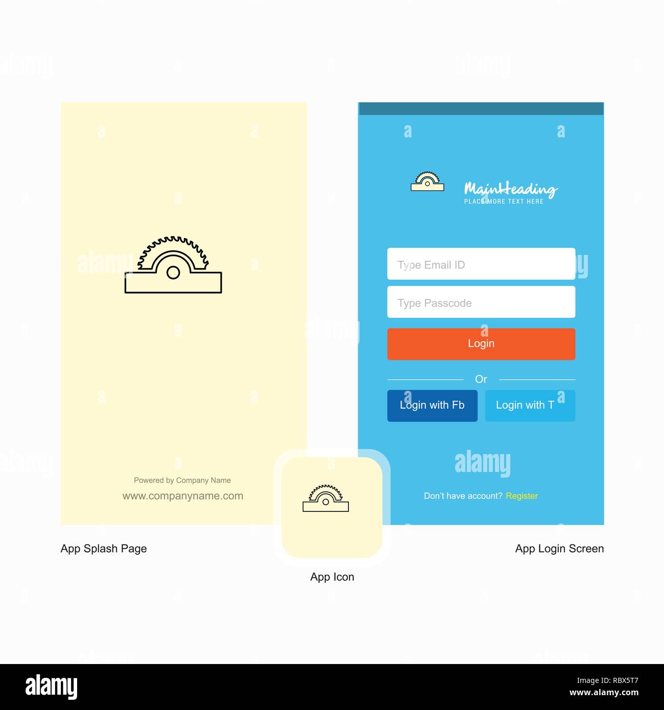 Company Cutter Splash Screen and Login Page design with Logo template. Mobile Online Business