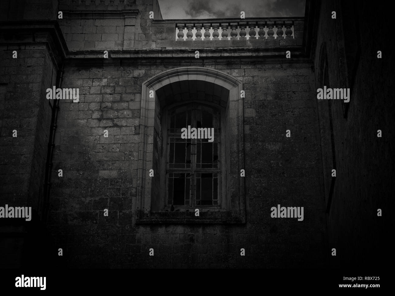 A Scary Old Window In Black And White With Broken Glass In Rabat And A Scary Old Window In Black And White With Broken Glass In Rabat And Mdina Malta RBX725