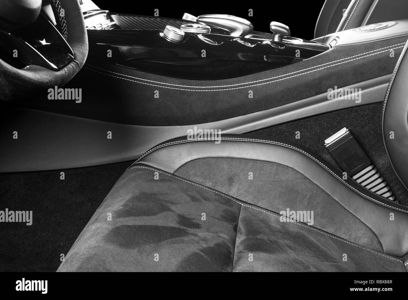 Modern Luxury car inside. Interior of prestige modern car. Comfortable leather seats. Black