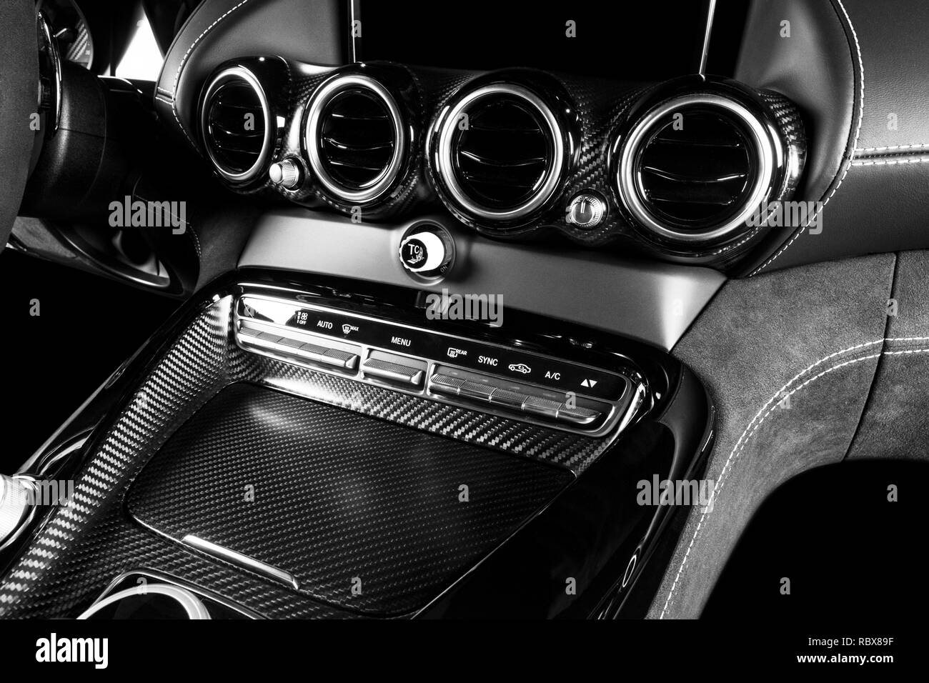 Modern Luxury car inside. Interior of prestige modern car. Comfortable leather seats. Black