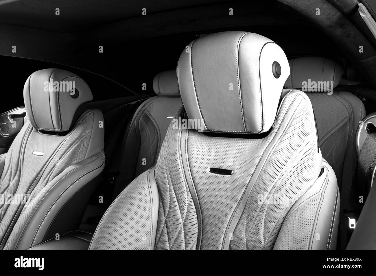 Modern Luxury Car Inside Interior Of Prestige Modern Car Comfortable Leather Seats Perforated Leather Modern Car Interior Details Black And White Stock Photo Alamy