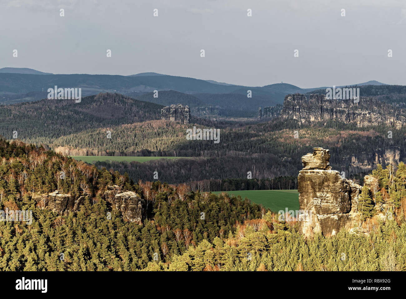 Elbe Sandstone Mountains - View from the mountain 'Gohrisch' to the mountains 'Schrammsteine' in evening light, in the foreground a rock formation wit Stock Photo