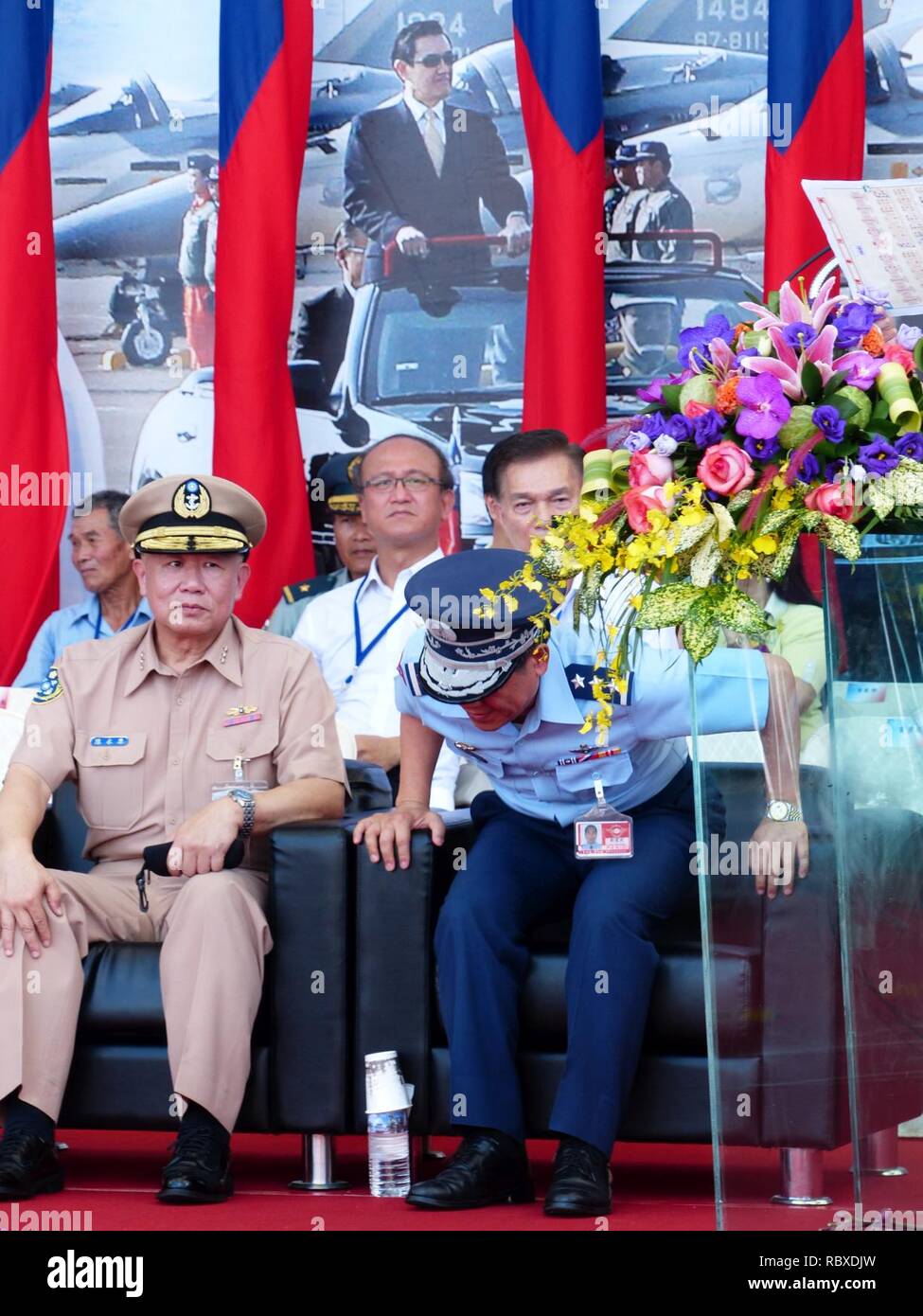 Admiral Chen Yeong-kang, ROCN Commander General and Liu Zen-Wu, ROCAF Commander in Review Stand of New Taipei City Plaza 20140906. Stock Photo