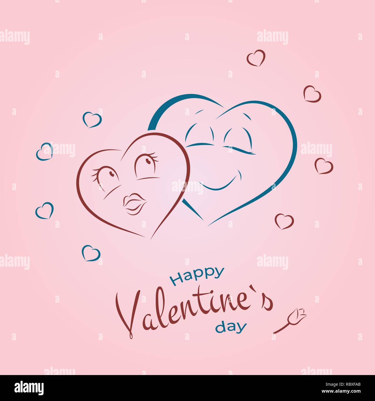 Couple in love concept, two cute hearts hugging. Hand drawn male and female hearts with little hearts around. Valentine's Day Vector Greeting Card Stock Vector