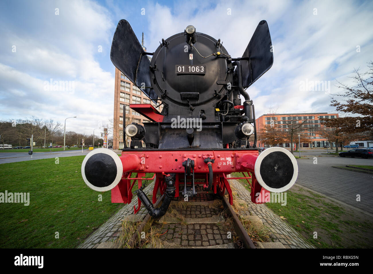 Braunschweig, Germany, December 30., 2018: Steam locomotive in front of the main station, coal-fired German locomotive from 1939, front view Stock Photo