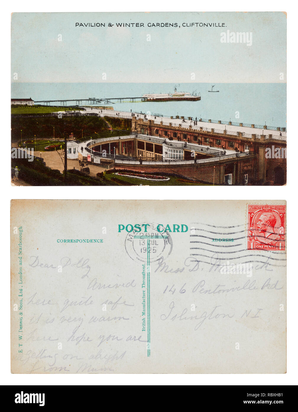 Postcard from Margate sent to Dolly Mannock, 146 Pentonville Road, Islington, London sent in July 1925 Stock Photo