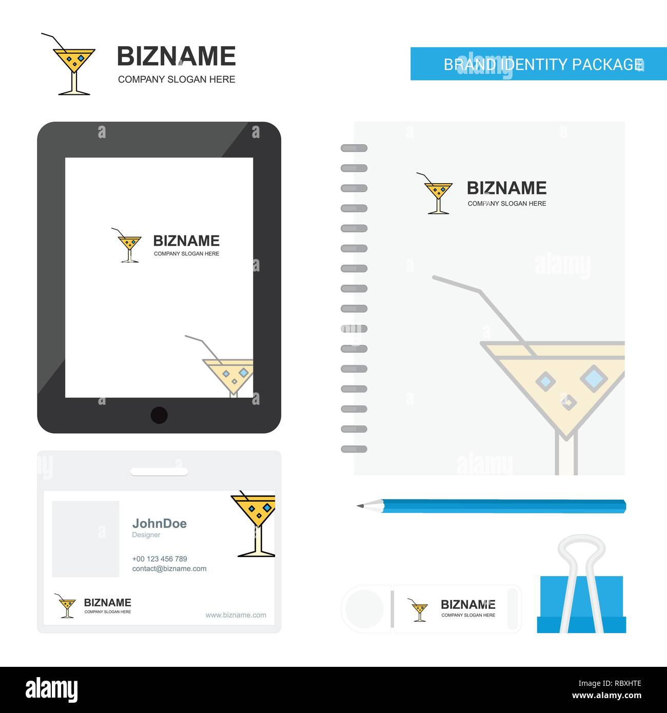 Drink Business Logo, Tab App, Diary PVC Employee Card and USB Brand Stationary Package Design Vector Template Stock Vector