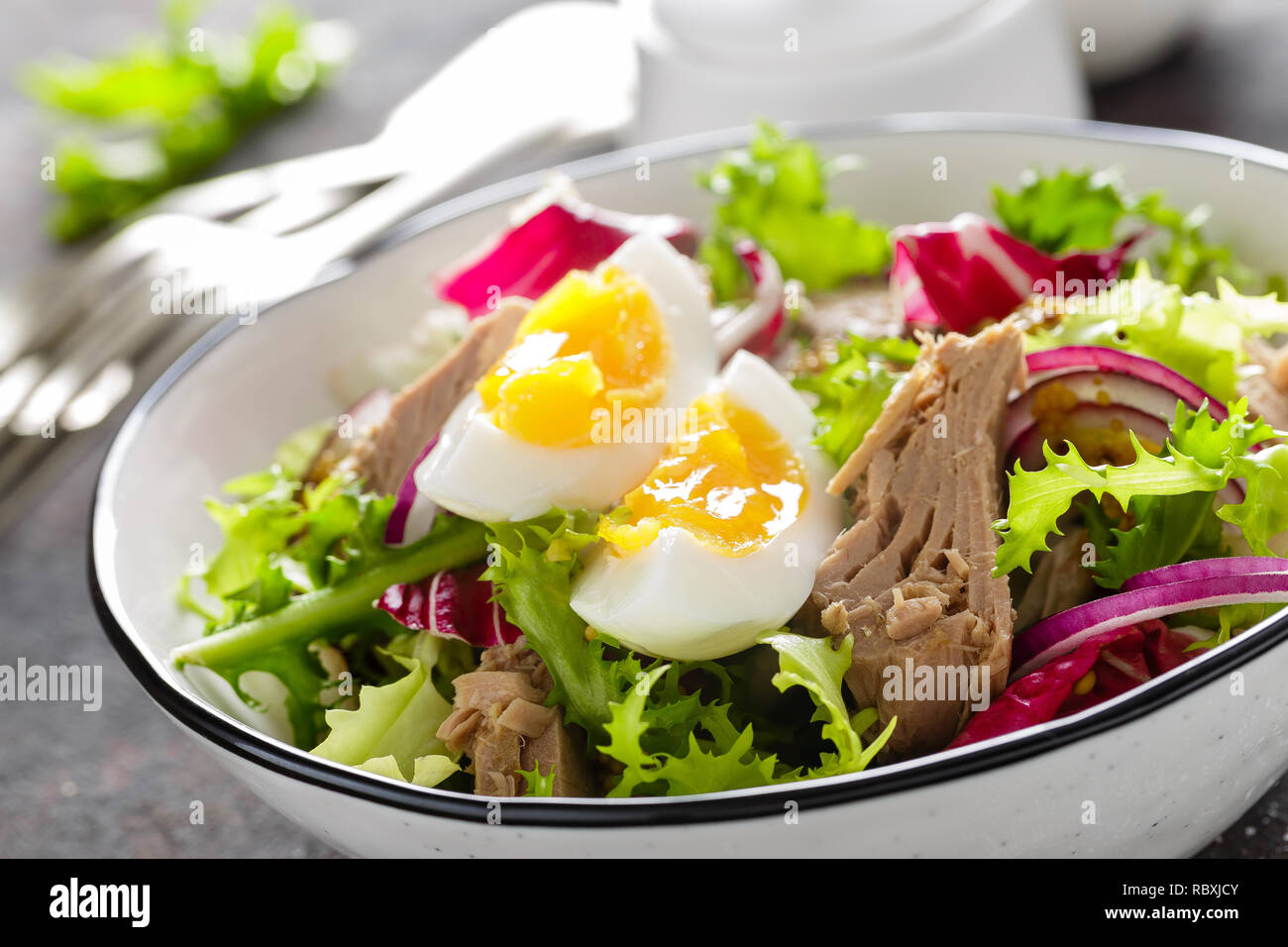 Tuna salad in bowl. Mediterranean food. Fresh salad with canned tuna