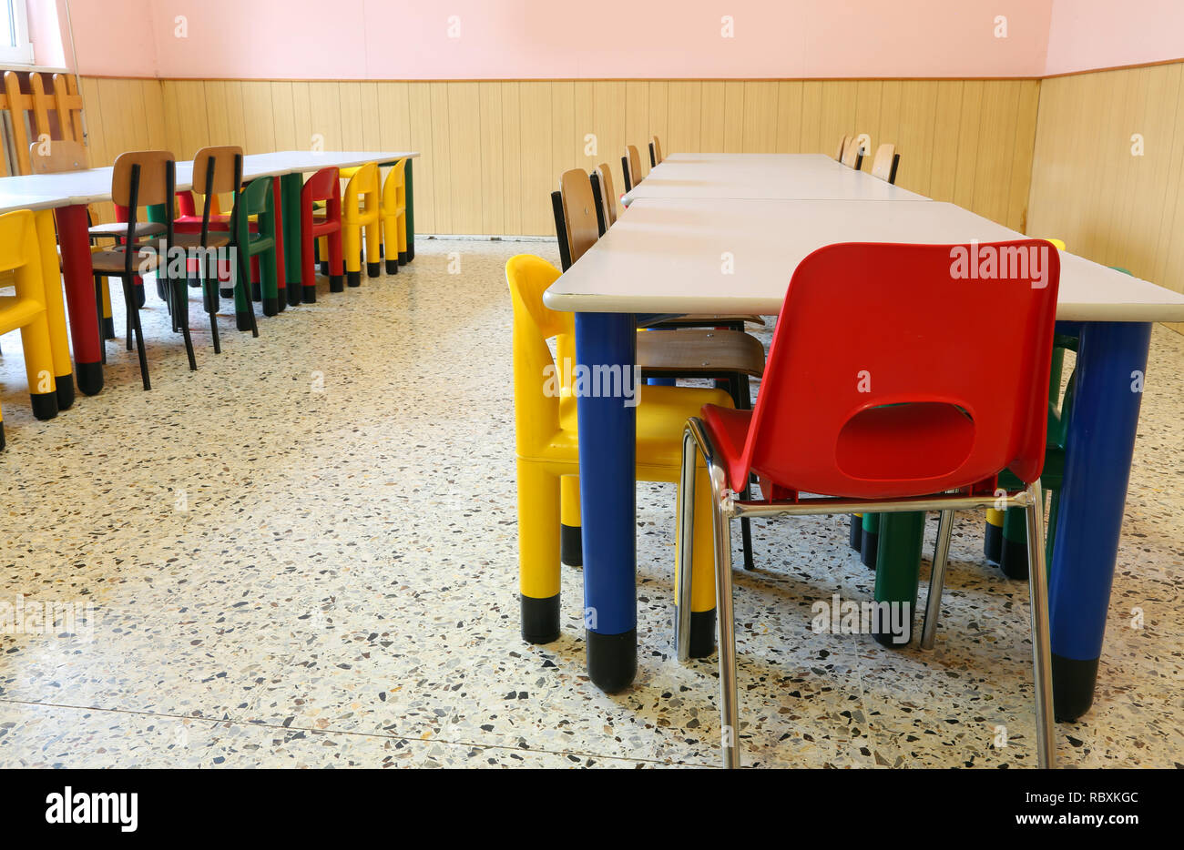 childfriendly dining room with small chairs and small tables for dining Stock Photo Alamy