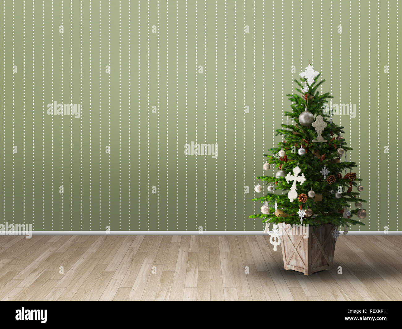 3d illustration rendering of decorated Christmas tree against green ...
