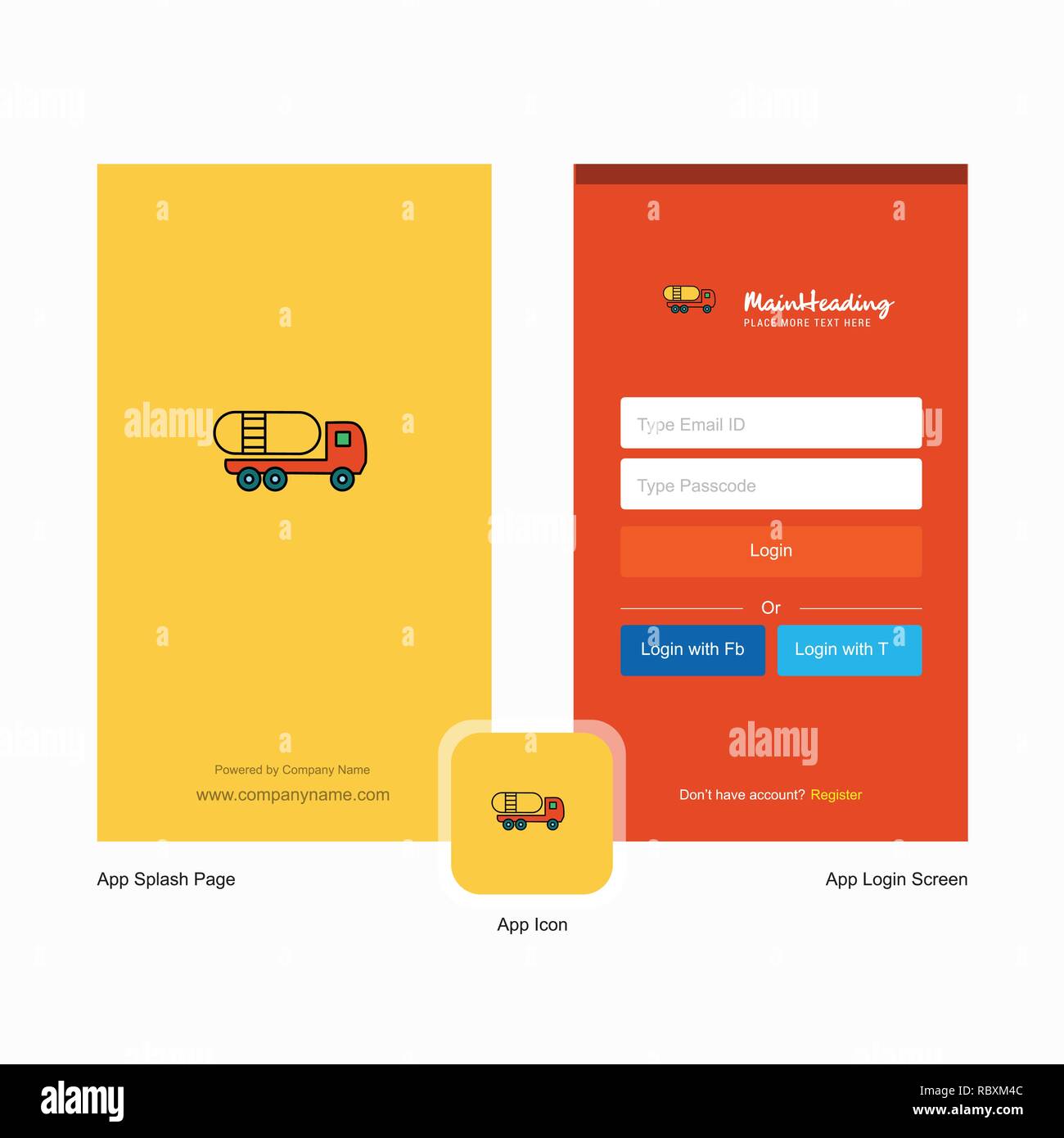 company tanker truck splash screen and login page design with logo login page template