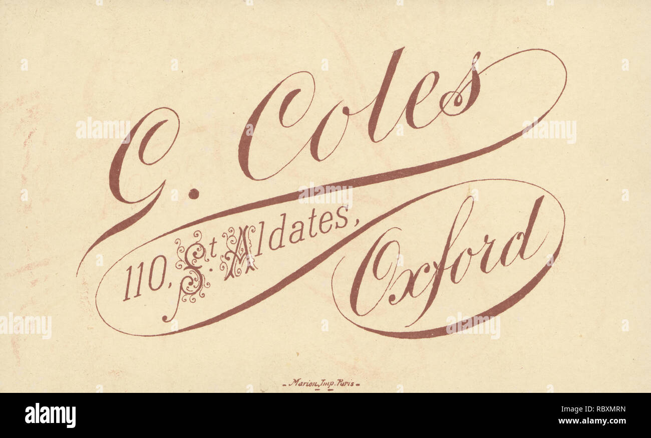 Victorian Advertising CDV (Carte De Visite) Showing The Illustration and Calligraphy From G.Coles, 110 St Aldates, Oxford, Oxfordshire, England. Stock Photo