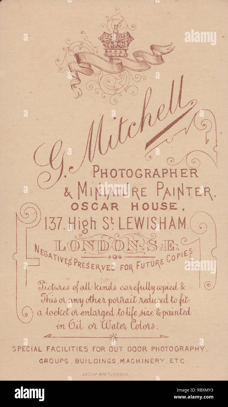 Victorian Advertising CDV (Carte De Visite) Showing The Illustration and Calligraphy From G.Mitchell Photographer & Miniature Painter, Oscar House, 137 High Street, Lewisham, London Stock Photo