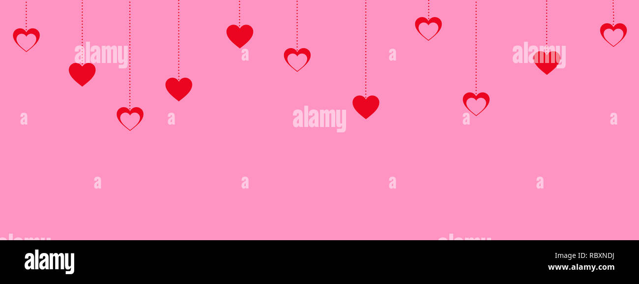 pink valentine's day background with hanging red hearts Stock Photo - Alamy