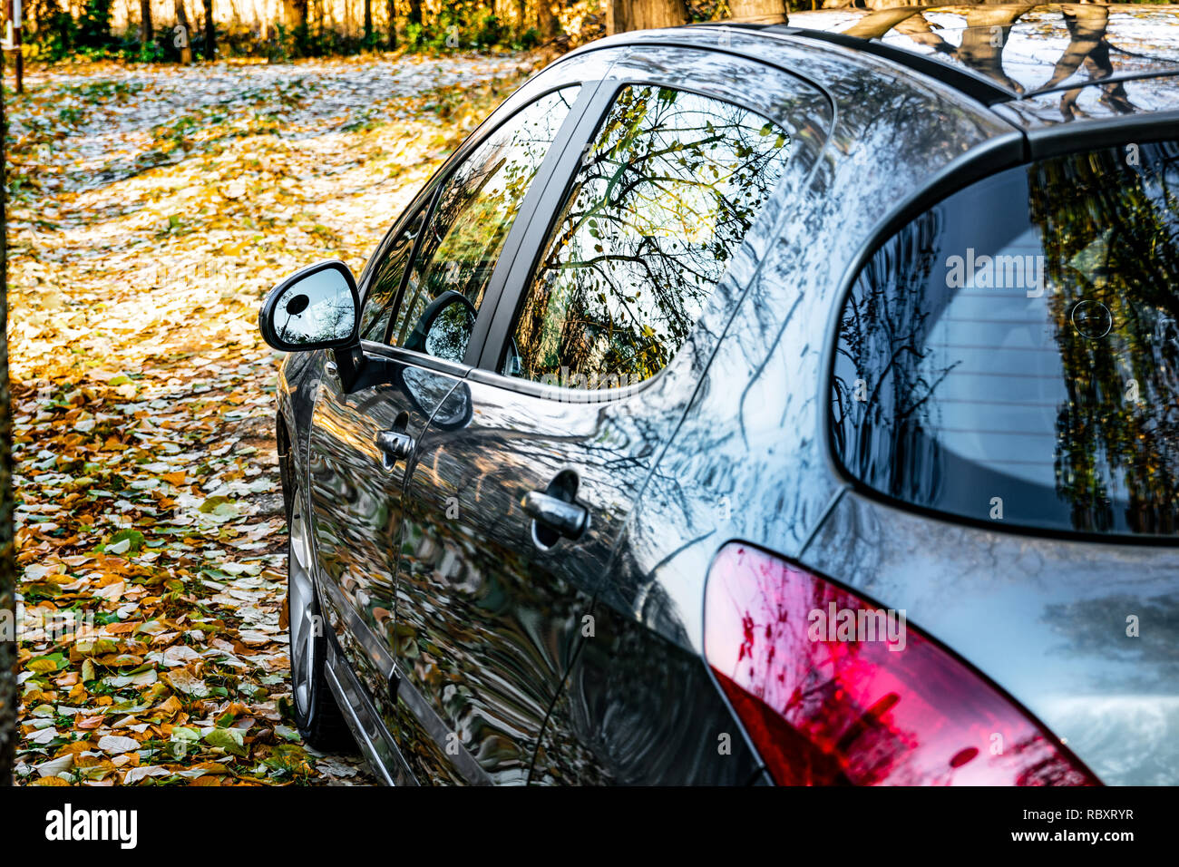 Belgrade, Serbia - 11.21.2018 / Peugeot 308 2.0 HDI, parked on a forest road,  which is covered with leaves. Gray car color, and large alloy wheels. Stock Photo