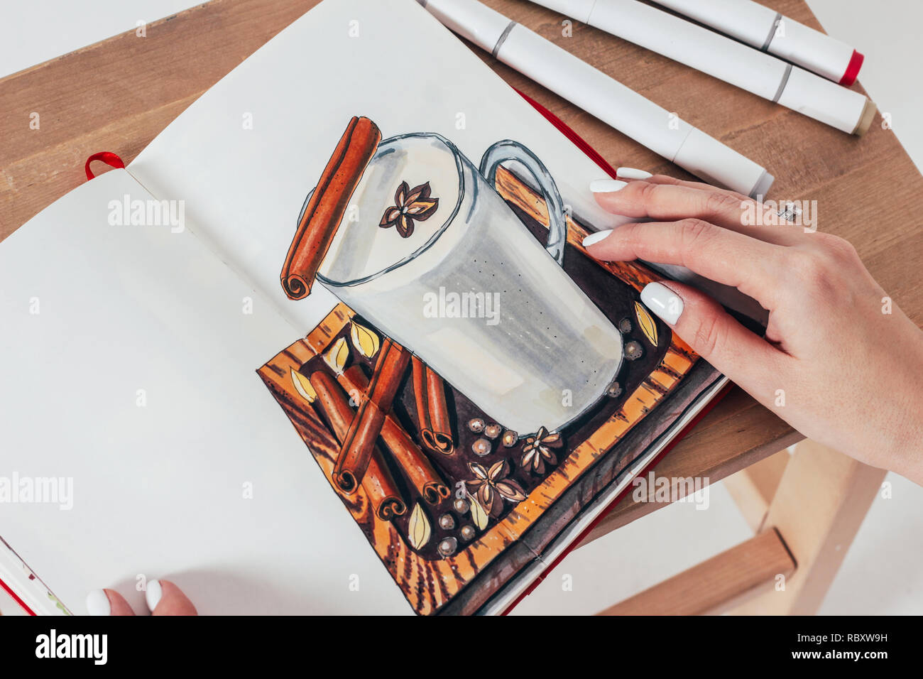 Masala tea with spices Sketch drawing by markers in sketchbook Stock