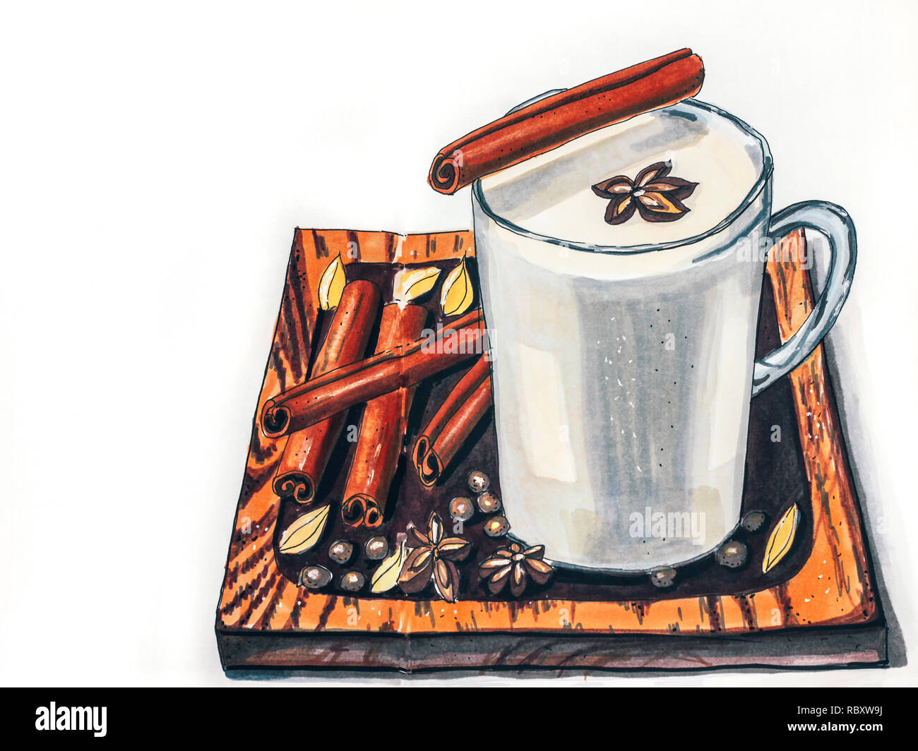 Masala tea with spices Sketch drawing by markers in sketchbook Stock