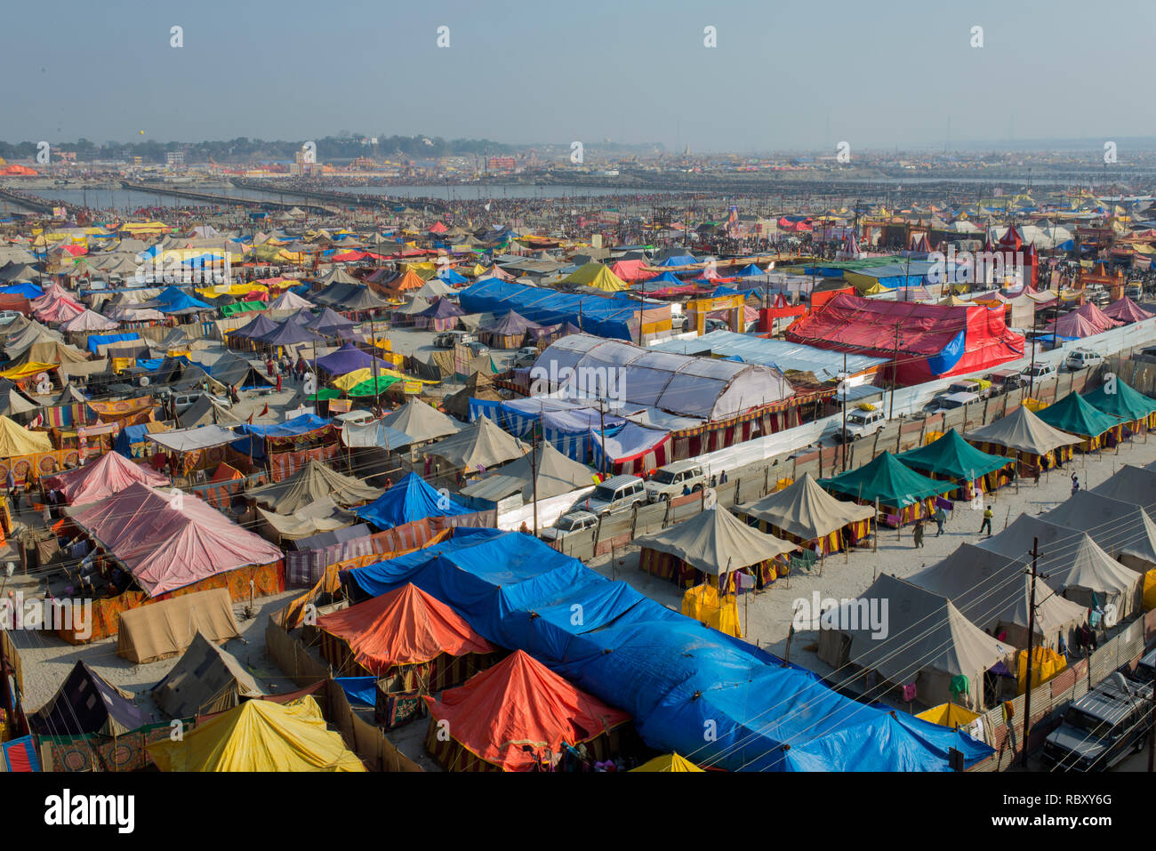 An aerial view of the temporary tents for the pilgrims at Kumbh mela. Stock Photo
