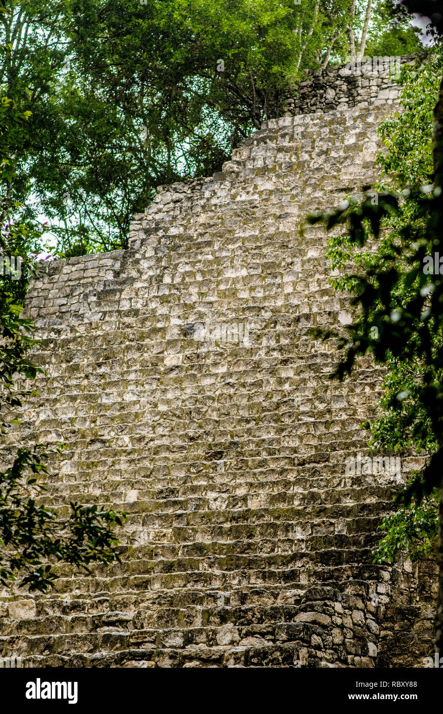 Ancient Mayan stones pyramid in Calakmul lost in the green rainforest of Mexico Stock Photo