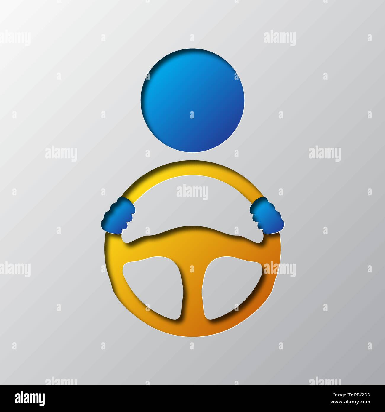 Schematic drawing of the driver behind the wheel. Vector illustration. Steering wheel icon is cut from the paper. Stock Vector