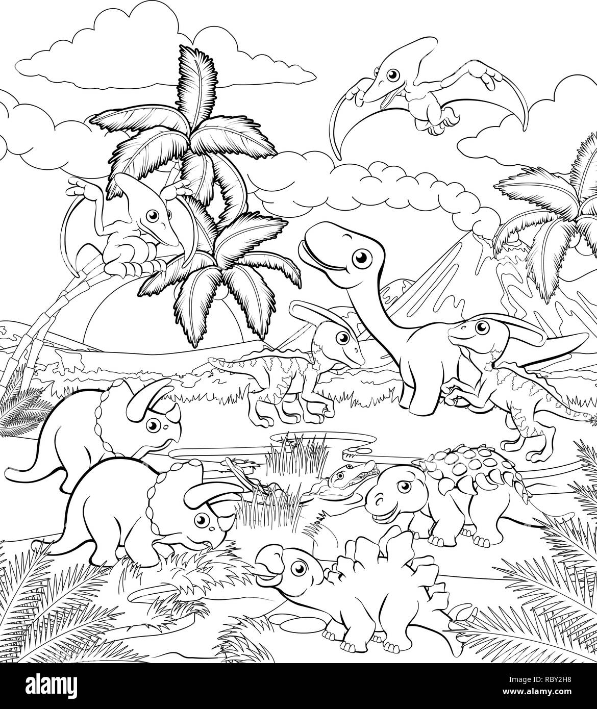 Cute dinosaur cartoon volcano landscape Black and White Stock Photos ...