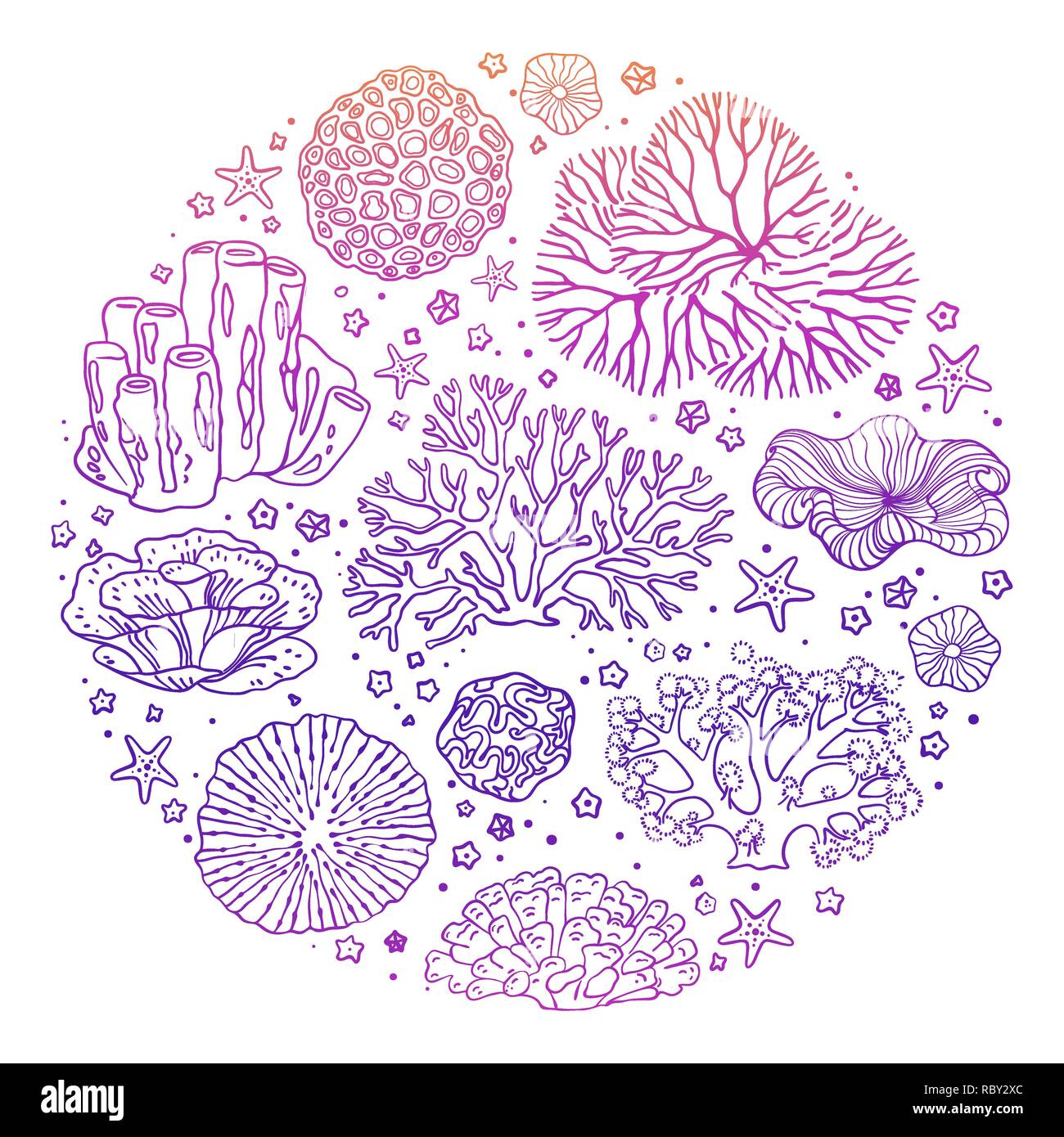 Circular pattern with many items from the ocean Stock Vector