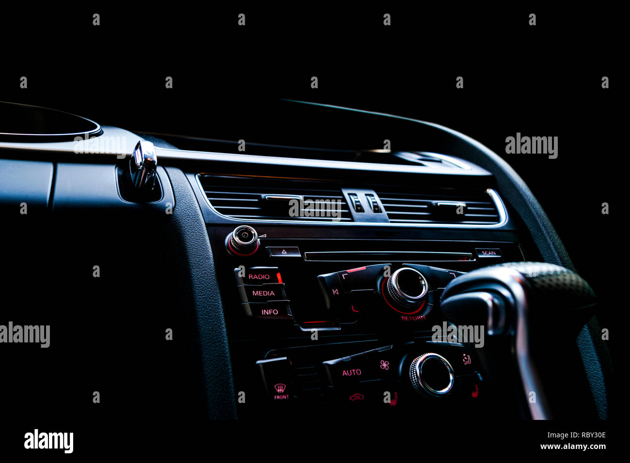 Modern Luxury sport car inside. Interior of prestige car. Black Leather