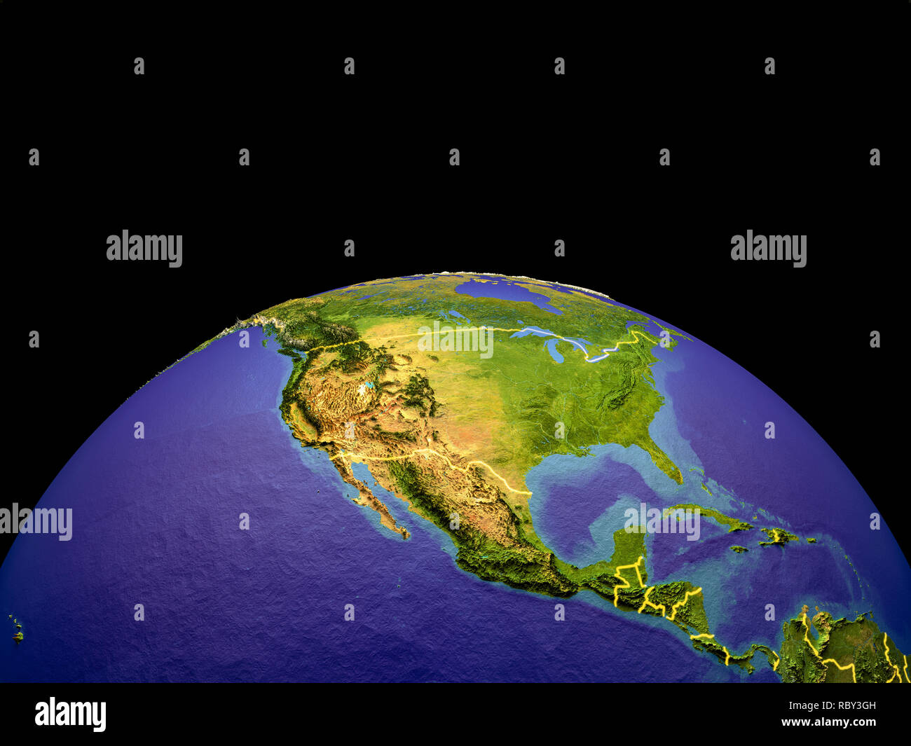 North America from space on planet Earth with country borders. Detailed ...