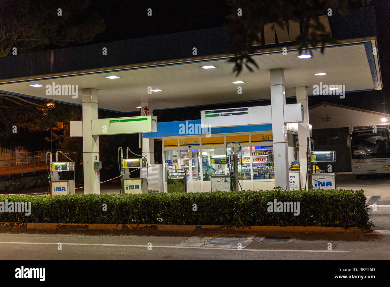 Closed INA petrol station at night. Krk, Kvarner, Croatia. Stock Photo