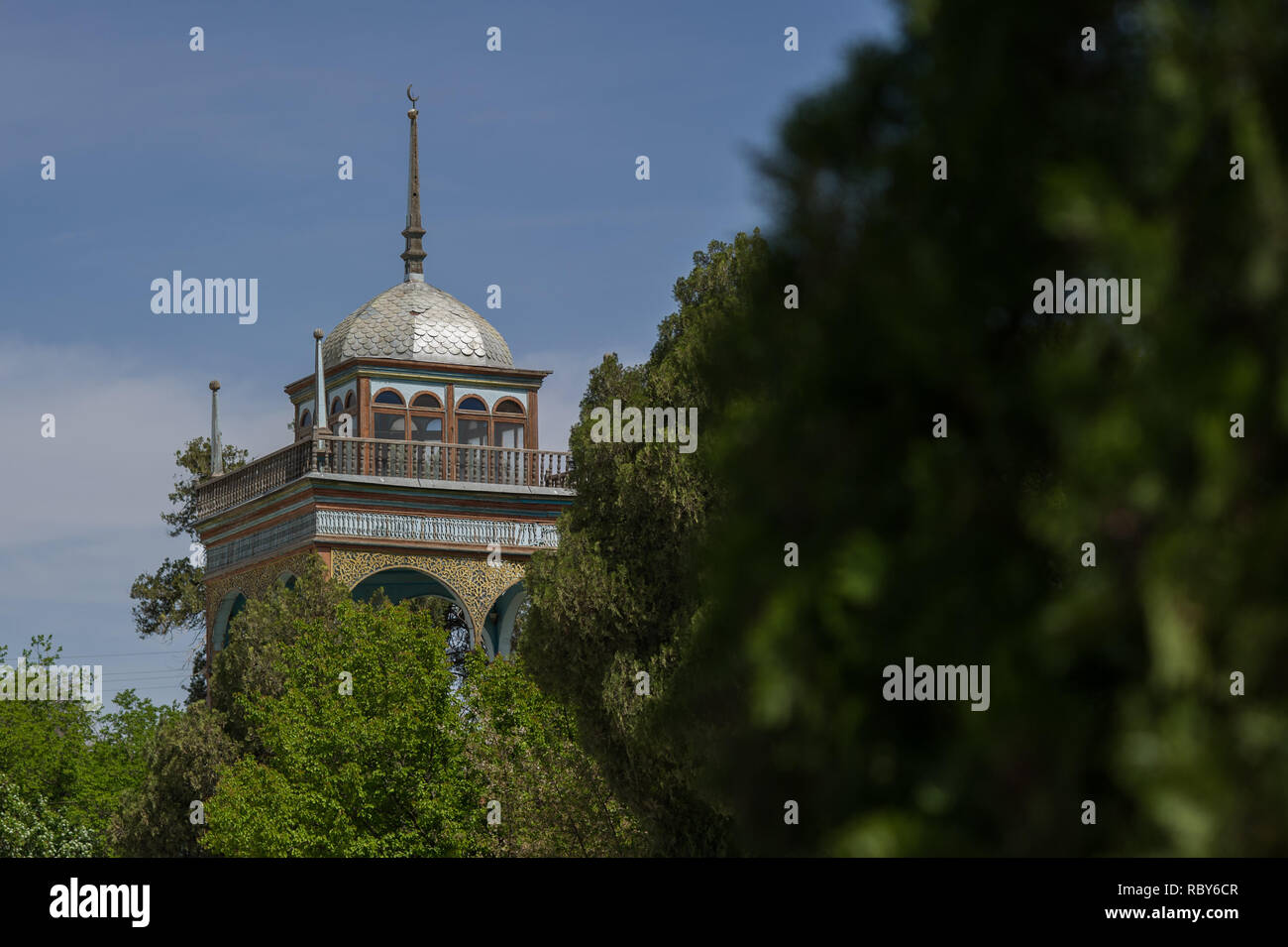 The harem viewing platform at the Sitora-i Mokhi Khosa, the Emir's summer palace, in Bukhara, Uzbekistan. Stock Photo