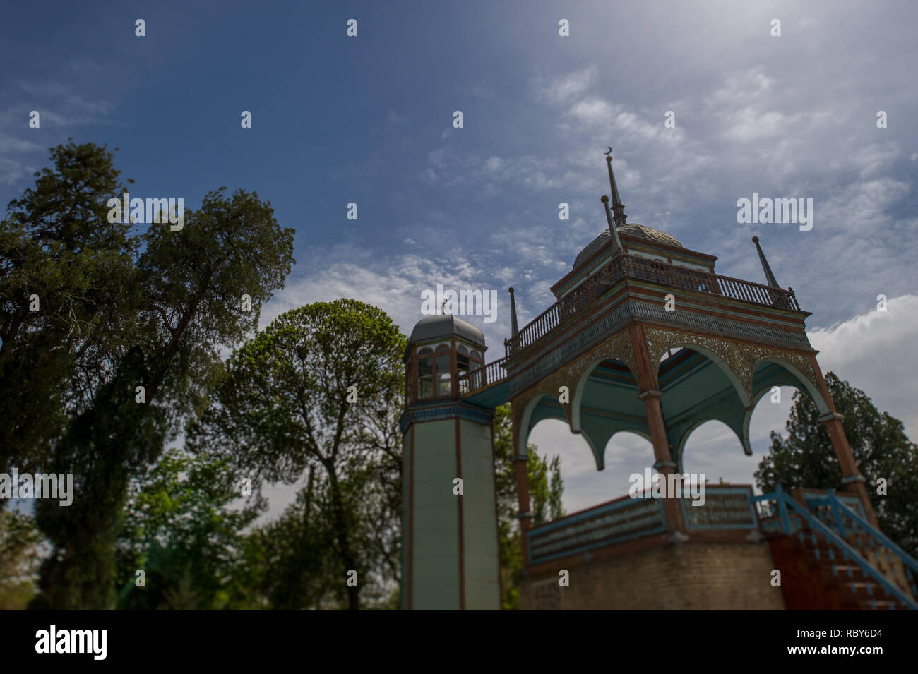 The harem viewing platform at the Sitora-i Mokhi Khosa, the Emir's summer palace, in Bukhara, Uzbekistan. Stock Photo