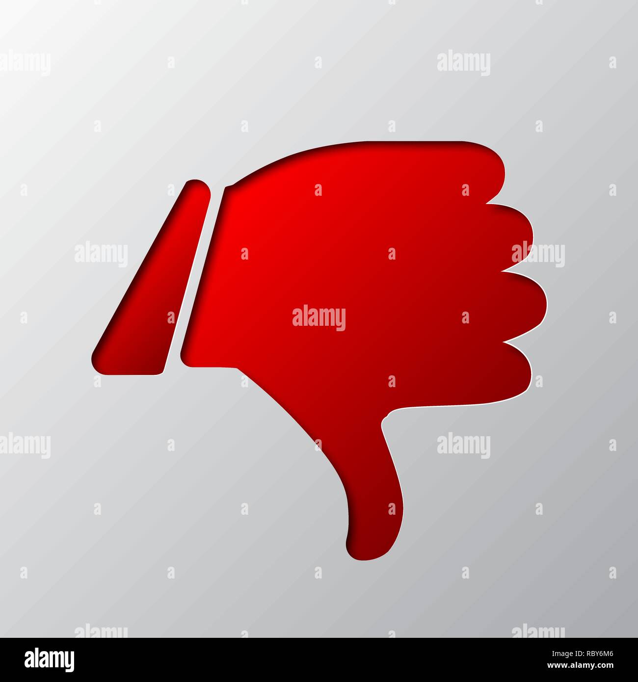 The thumb down is cut from the paper. Vector illustration. Paper art of the red dislike symbol, isolated. Stock Vector
