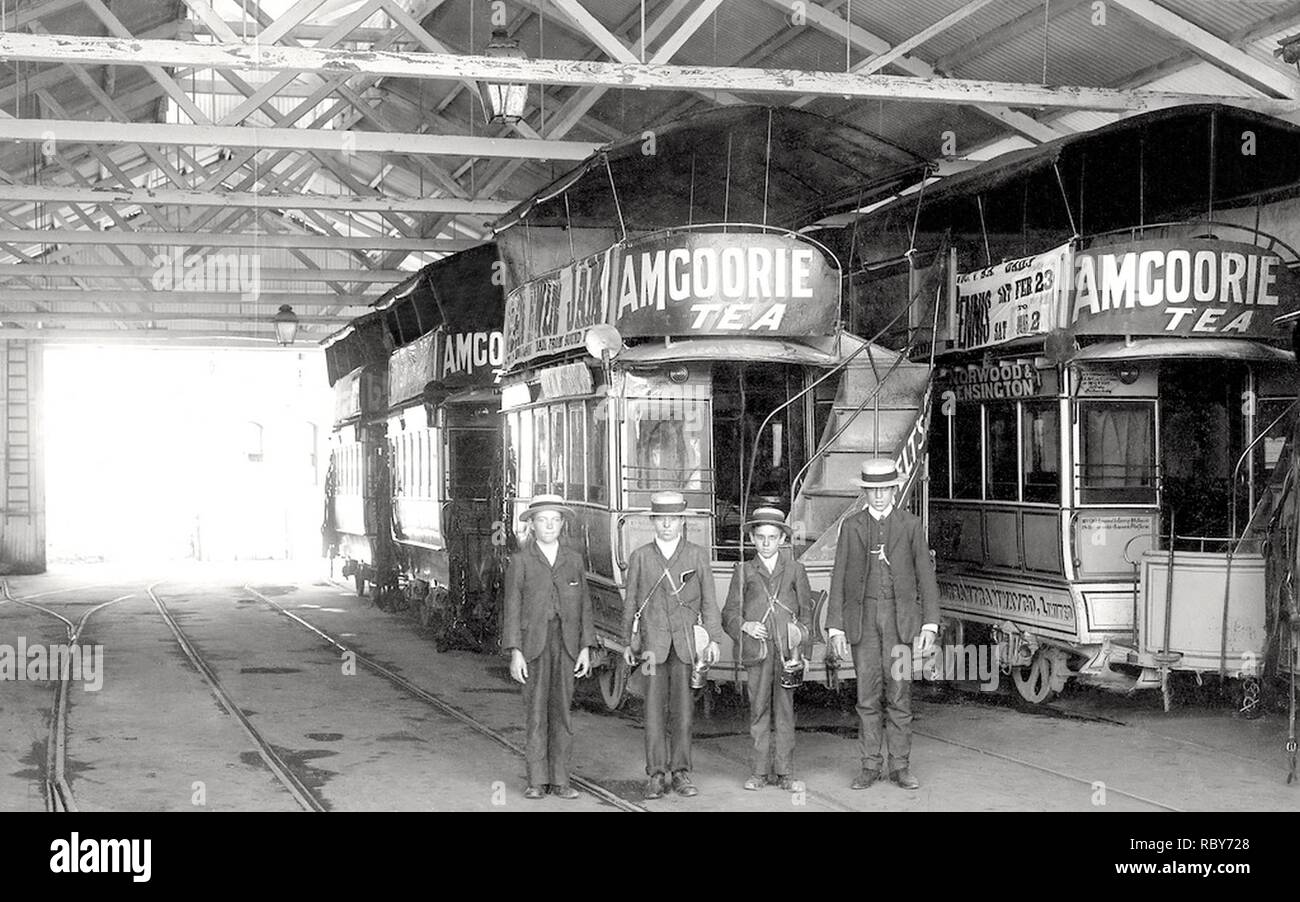 Adelaide horse trams and young conductors at Adelaide and Suburban Tramway Co. Kensington tram shed ca 1905 (SLSA PRG-280-1-4-62). Stock Photo