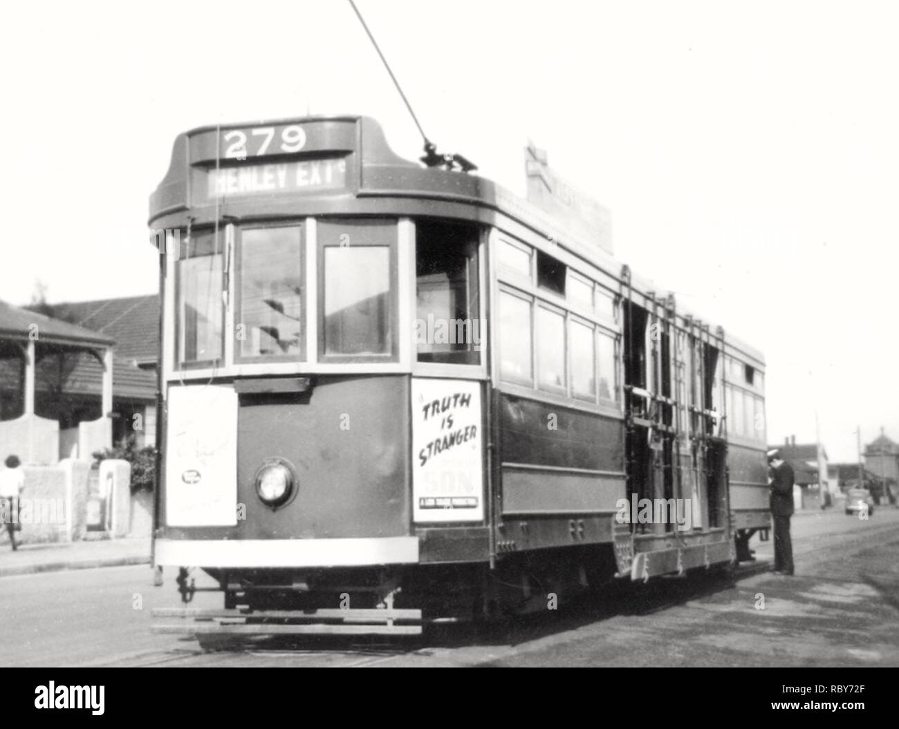 Adelaide MTT Type F1 tram 279 at Henley Extension terminus ca 1950